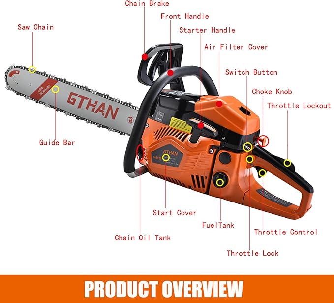62cc Gas Powered Chainsaw 2-Cycle 20-Inch Gasoline Chain Saw with Guide Bar for Tree Cutting, Firewood, Yard, Garden and Farm Work