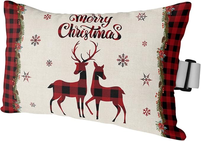 Outdoor Pillows Covers with Inserts Christmas Red and Black Buffalo Plaid Elk Waterproof Recliner Pillow with Adjustable Strap Throw Pillows for Patio Furniture Pool Lounge Chair, 11x16 inch, 1PCS