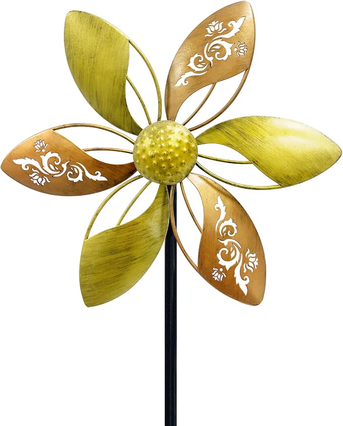 2 Pack Metal Wind Spinners, 37" Kinetic Yard Decor | Smooth Rotation, Rust-Resistant Finish, Tool-Free Setup, Elegant Floral Design