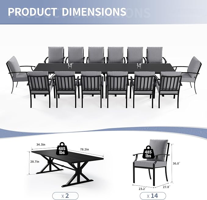 Kullavik 16 Pieces Outdoor Dining Set,Patio Dining Table and Chairs Set for 14,Fence Pattern Back Chairs with Thickened Cushions & X-Frame Metal Dining Table with Umbrella Hole for Patio,Grey