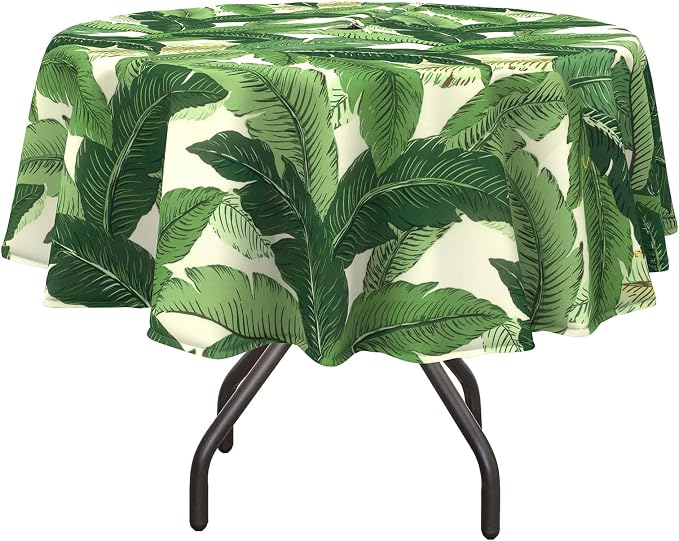 DYTXIII Outdoor Round Tablecloth with Umbrella Hole 60 Inch, Water Repellent & Fade Resistant Table Cover, All Weather Outdoor Tablecloth for Garden & Party Table, Palms Green