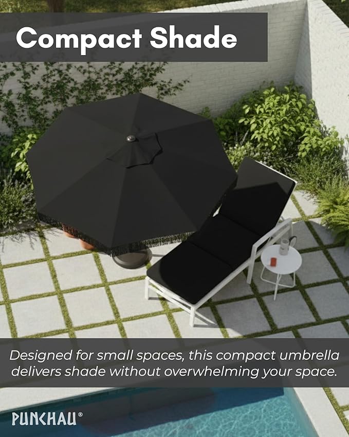 6 Ft Fringe Patio Umbrella - Outdoor Umbrella for Patio, Pool, Table, Garden, & Deck, Push Button Tilt Pole - Fashionable Vintage Tassels - White