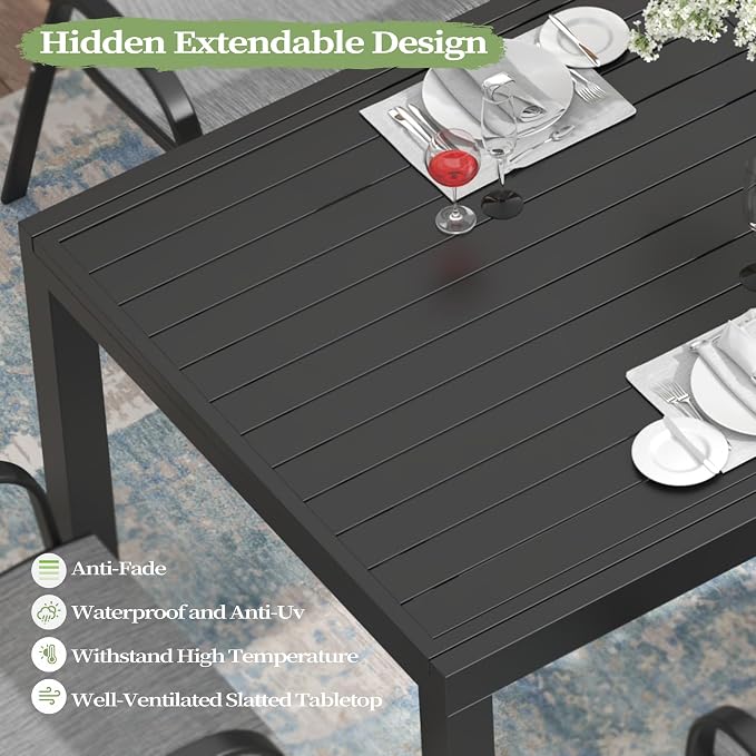 PIZZELLO 9 Pieces Outdoor Dining Set, 106" Aluminum Extendable Patio Dining Table w/ 8Pcs Stackable Textilene Chairs, All Weather Outdoor Table and Chairs Sets for Backyard, Garden, Deck and Poolside