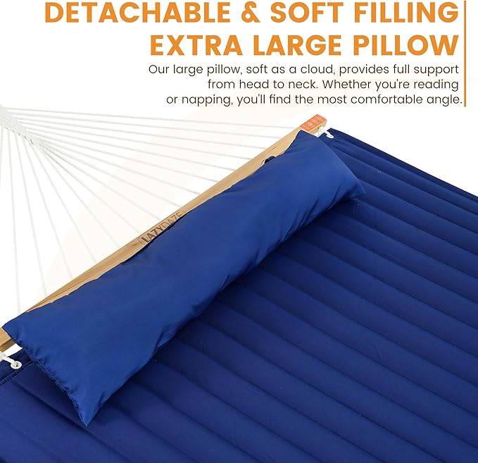 Lazy Daze Hammocks 2 Person Double Quilted Fabric Hammock with Spreader Bar, Detachable Pillow, Side Pocket, Carabiners, Chains, Straps for Outdoor, 450lbs Capacity, Navy Blue
