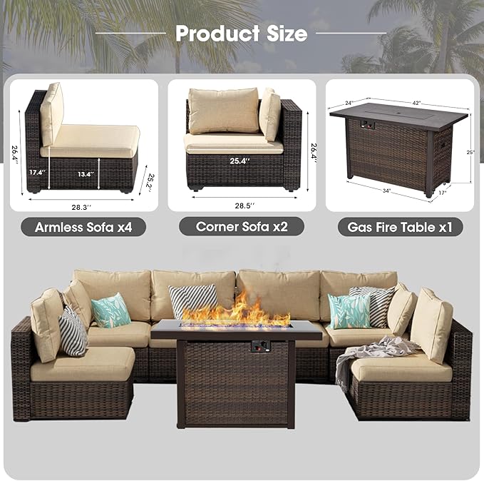Grezone Patio Furniture Set,7 Piece Patio Furniture Set with Fire Pit Table,PE Wicker Rattan Sectional Sofa Patio Conversation Set with Thickened Cushions, Beige