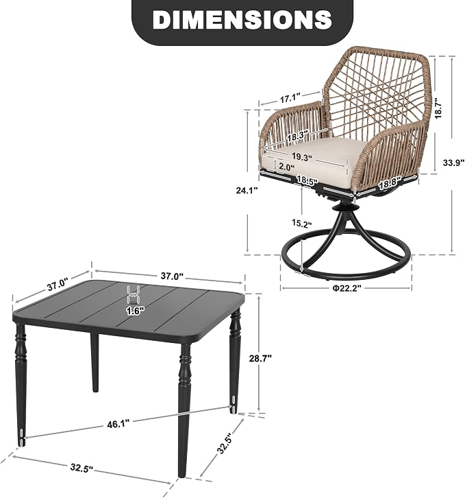 NUU GARDEN 5-Piece Patio Dining Set, Slatted Table with Umbrella Hole, 4 Swivel Chairs with Beige Cushions, Handwoven Double-Layer Twisted Rattan, Powder-Coated Metal Frame, Brown and Black