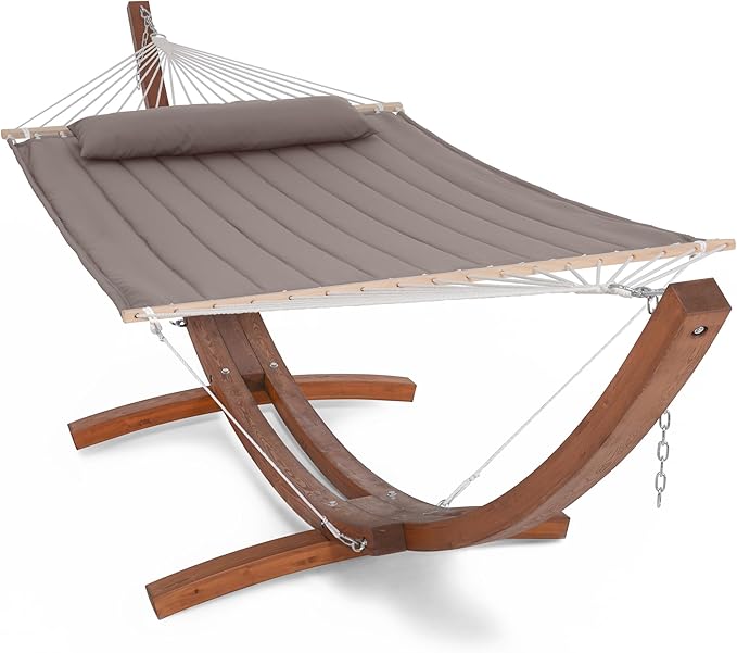 SUNCREAT 2 Person Hammocks for Outside with Stand, Extra Large Double Hammock with Wooden Stand, Brown