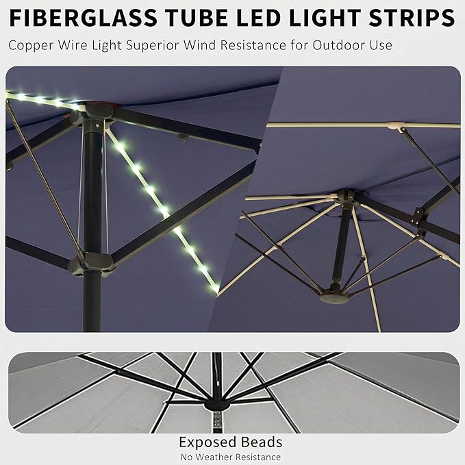 15FT Large Double Sided Patio Umbrella, Fade Resistant Outdoor Umbrellas with Fiberglass Ribs, Solar Panel, LED Lights & USB Charging, Rectangular Market Umbrella with Aluminum Crank for Garden, Party, Lawn, Poolside, Backyard, Navy Blue