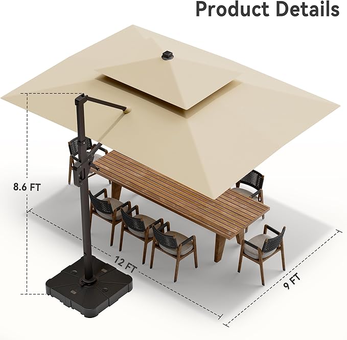 9' X 12' Cantilever Patio Umbrella with Base Included and Led Lights Double Top Rectangular Outdoor Large Offset Umbrellas with 7 Tilts Adjustable 360°Rotation for Deck Pool Garden Backyard, Beige