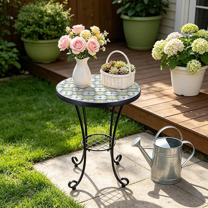 14 Inch Mosaic Patio Side Table with Scroll Legs, Indoor Outdoor Accent Round End Table with Ceramic Tile Tops for Yard, Garden, Living Room, Bistro, B - Granny Square