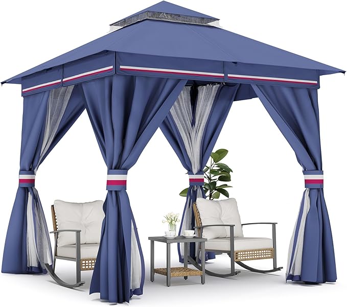 LAUSAINT HOME Patio Gazebo 8'x8', Outdoor Heavy Duty Party Tent Shelter with Double Roofs, Mosquito Nettings and Privacy Screens for Backyard, Garden, Lawn, Classic Blue