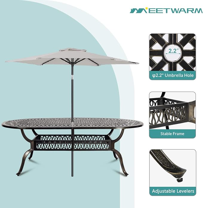 MEETWARM 9-Piece Outdoor Patio Dining Set, 8 Outdoor Dining Chairs and 1 Oval Table with 2" Umbrella Hole, All Weather Cast Aluminum Patio Funiture Set for Backyard, Patio, Garden