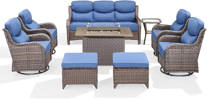 Luxury Patio Furniture Set with 6-inch Thick Cushion, Outdoor Furniture with Fire Pit Table, Swivel Chairs, Sofa, Side Table, Ottomans, 9pcs Wicker Conversation Set(Brown Wicker/Blue Cushion)