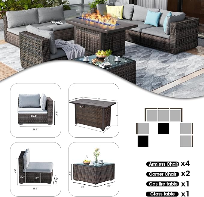 8 Pieces Patio Furniture Sets Outdoor Sectional Sofa with 44'' Propane Rattan Wicker Firepit Table, Patio Sectional Conversation Set with Cushions for Backyard, Poolside, Garden Grey