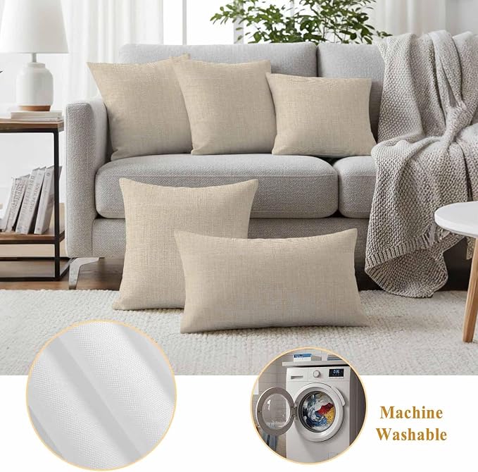 Vintage Cream Waterproof Outdoor Pillow Covers 24''x24'' Set of 2, Farmhouse Retro Beige Patio Furniture Linen Texture Cushion Covers for Chairs, Decorative Solid Color Pillow Cases for Garden/Pool