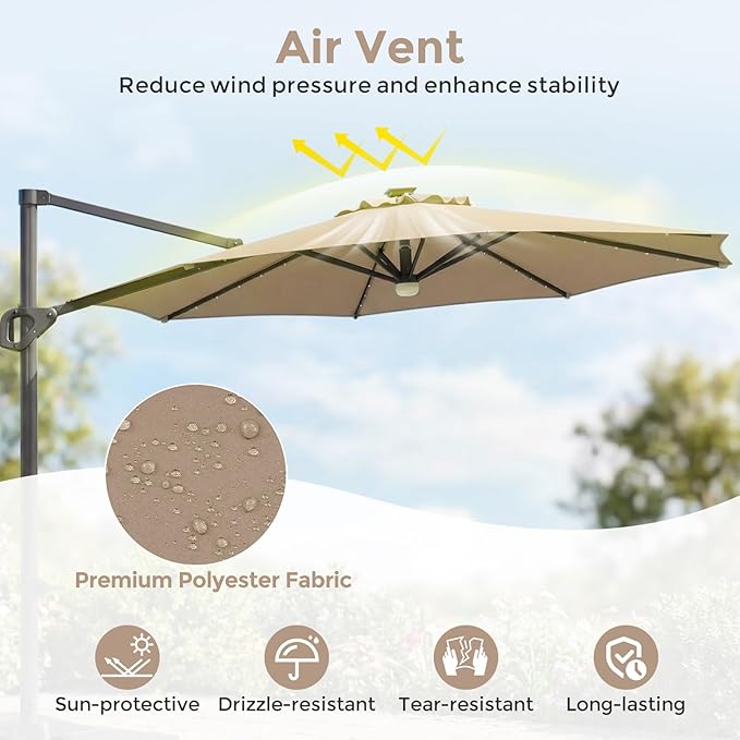 Tangkula 10ft Patio Umbrella with Solar Lights, Offset Cantilever Square Outdoor Umbrella with 35 LED Lights, Aluminum Pole, 360 Degree Rotation, Tilt Adjustment, Air Vent for Pool Deck Yard (Tan)