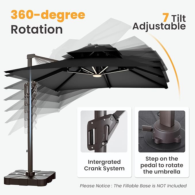 9x12 FT Cantilever Patio Umbrella with Led Lights Double Top Outdoor Rectangular Large Heavy Duty Aluminum Offset Umbrellas with 7 Level Tilt 360-degree Rotation for Pool Garden Deck, Black