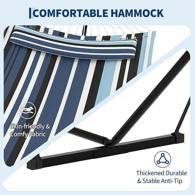 2 Person Double Hammock with Stand & Pillow, 450 LBS Heavy Duty Outdoor Hammock with Balance Rope for Patio Backyard Poolside