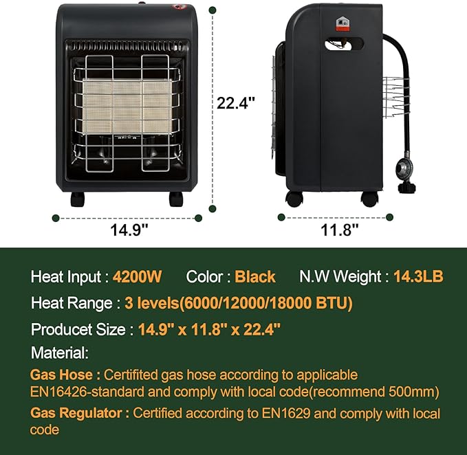 OKF Propane Heater, 6000 to 18000 BTU 3 Modes Indoor Propane Heater with ODS & Tip-over Protection, Outdoor Heaters with Gas Regulator & Hose Heat up to 450 Sq.Ft, for Garage, Camping, Patio, Shop