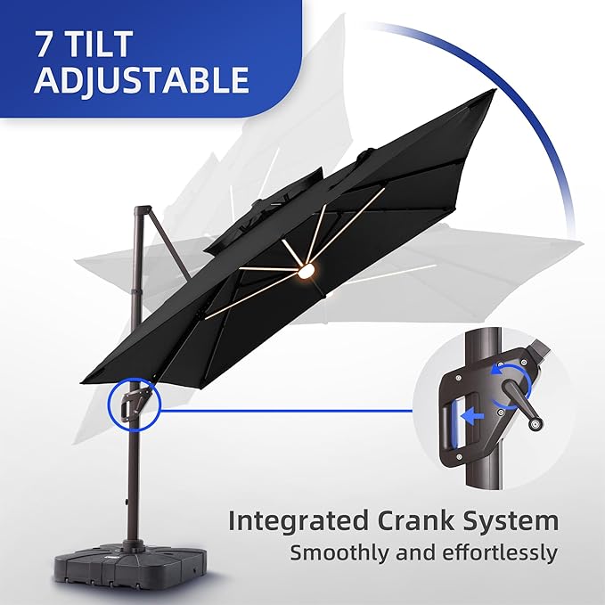 9 X 12 FT Cantilever Patio Umbrella with Led Lights and Base Included Heavy Duty Outdoor Double Top Large Rectangle Offset Umbrellas with 360-degree Rotation for Garden Pool Deck Backyard, Black