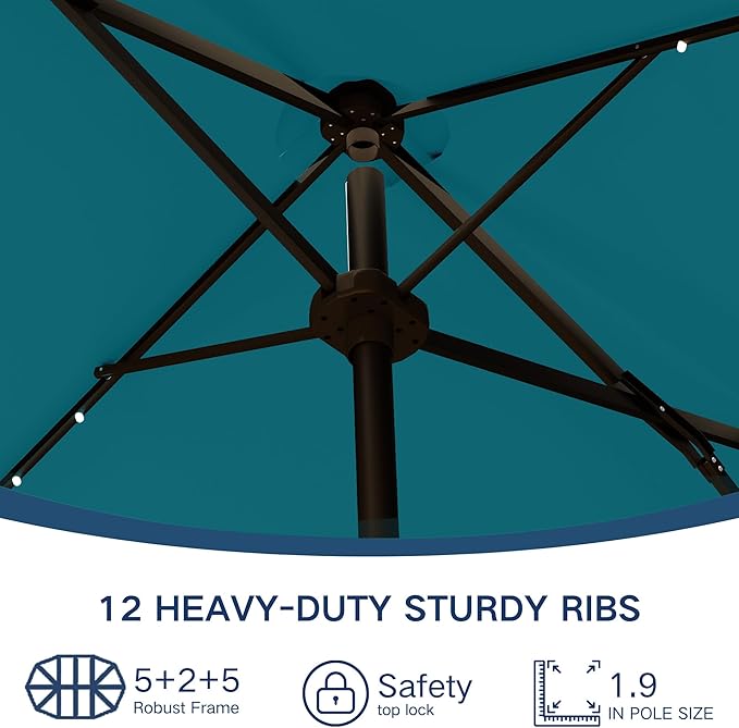 Large Patio Umbrella with Solar Lights and Base, Double-Sided Outdoor Rectangle Umbrella with 48 LED Lights, Market Table Umbrellas with UV Resistant Canopy