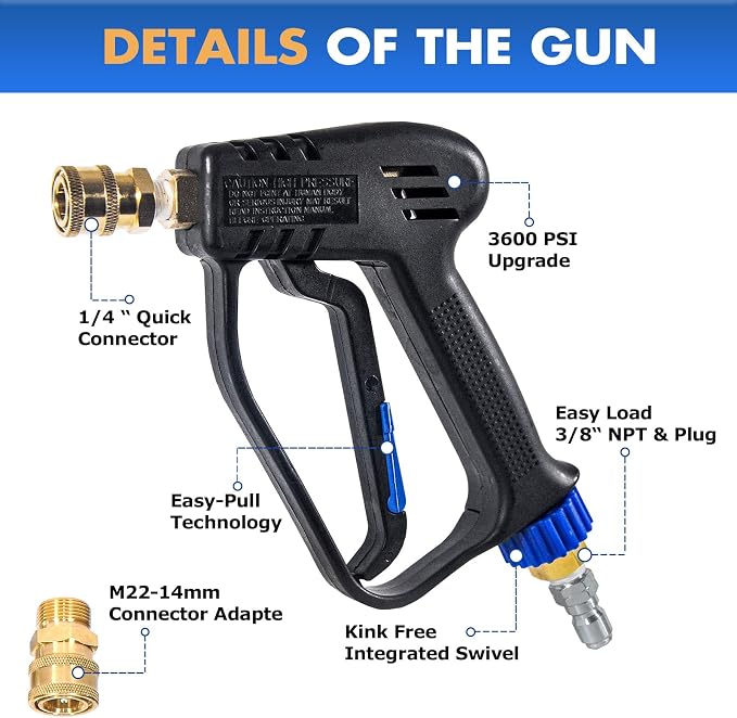 TOOLCY Short Pressure Washer Gun with Swivel, 4000 PSI, Power Washer Trigger Gun with 5 Spray Nozzle Tips, 3/8" Quick Connector & M22-14mm Adapter, 7 GPM