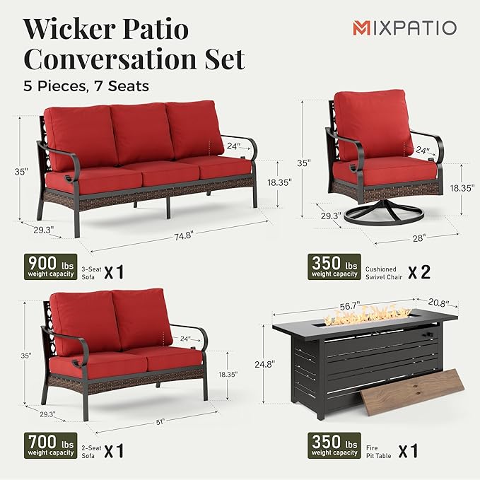 Patio Furniture Set with Fire Pit Table, Metal Outdoor Conversation Set with 5.75'' Extra Thick Cushion, 2 Swivel Chairs, Loveseat Sofa, 3-Seat Sofa and Gas Fire Pit Table, Red