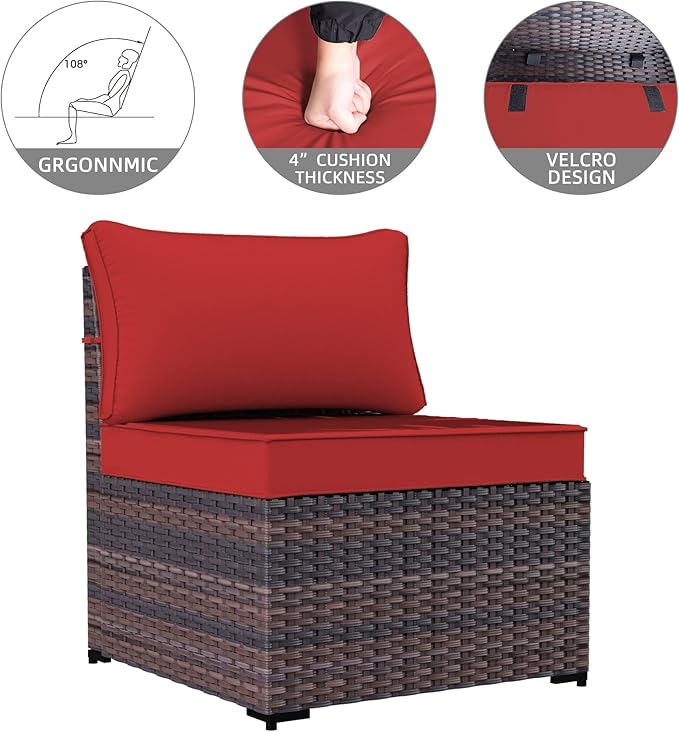 8 Pieces Outdoor Patio Furniture Sets w/55000 BTU Propane Fire Pit Table,Wicker Conversation Sofa,Includes 6 All-Weather High Back PE Rattan Seating Components w/Coffee Table&Gas Fire Pit,Red