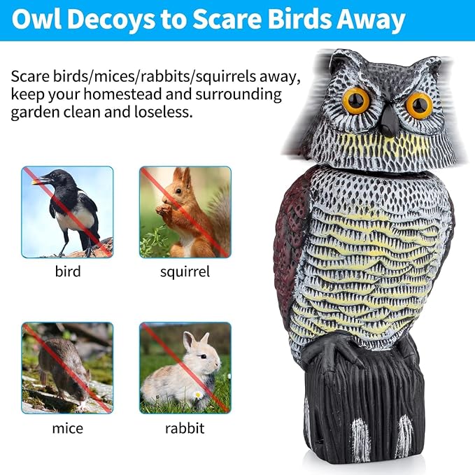 Hawk Decoy to Scare Birds Away - Owl & Hawk Garden Decoy Combo, 2X Protection Wind-Activated Bird Deterrent for Farms & Yards, 50% Larger Size (15")