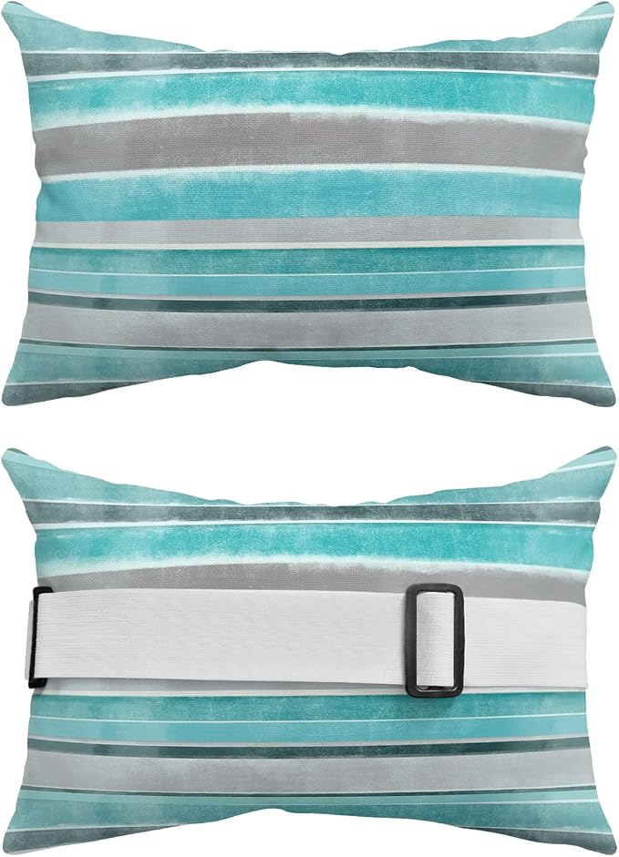 Outdoor Pillows Covers with Inserts Teal Stripes Watercolor Northern Europe Style Waterproof Recliner Pillow with Adjustable Strap Throw Pillows for Patio Furniture Pool Lounge Chair, 11x16 inch, 1PCS