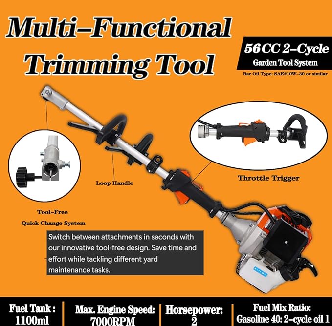 56cc 2-Cycle Gas Multi-Trimmer | 5-in-1 String Trimmer w/Rotatable 40” Pole Saw, Weed Eater Weed Wacker, Brush Cutter & Hedge Trimmer Gas for Lawn, Yard, Garden Care, All-in-one Garden Tool