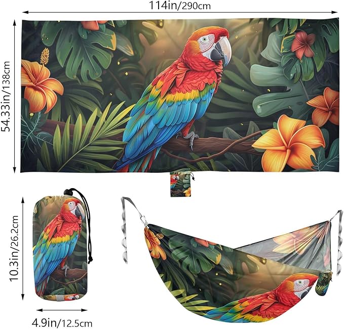 Vibrant Tropical Macaw Parrot Flower Outdoor Hammocks Indoor Hammock for Outside Patio Backyard Poolside