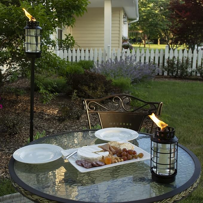 TIKI Outdoor Glass Lantern Torch – Weather-Resistant Decorative Torch for Patio, Garden & Backyard with 4-Piece Adjustable Height Pole, Fiberglass Wick & Snuffer, Black (Pack of 6)