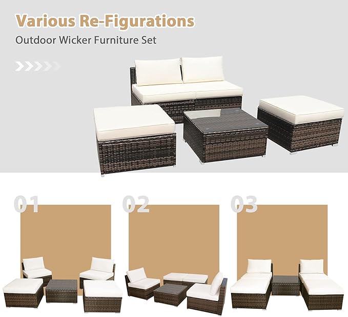 Tangkula 5 Piece Wicker Lounge Chair Set, with Tempered Glass Coffee Table, Outdoor Conversation Sets w/Washable Zippered Cushions, Includes 2 Armless Sofas, 2 Ottomans and 1 Side Table