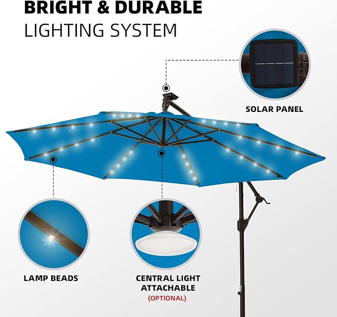 wikiwiki 10FT Solar Patio Offset Umbrella Outdoor Cantilever Umbrella Hanging Umbrellas with Weighted Base, Market Patio Umbrella for Backyard, Garden & Deck,Royal blue