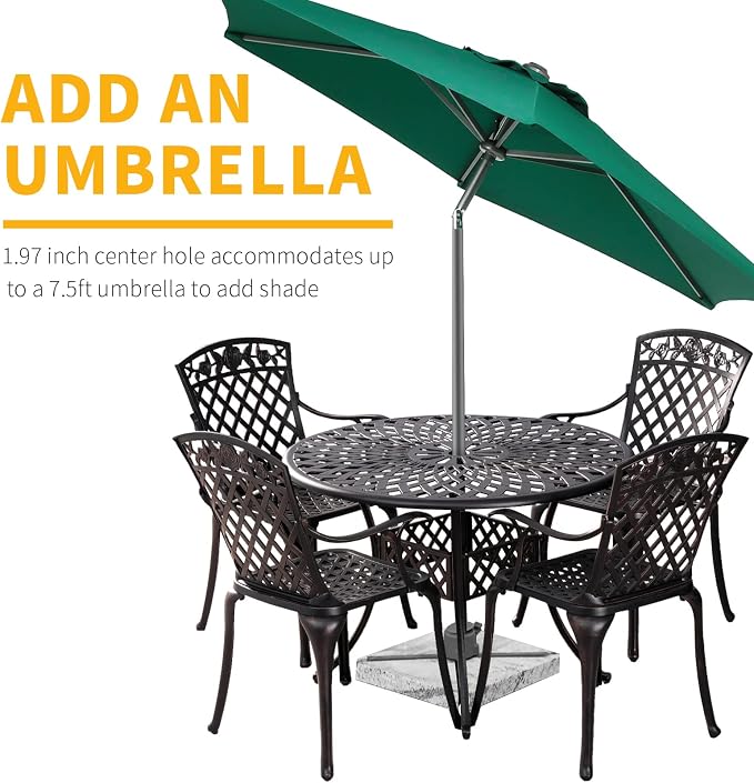 5 Pieces Outdoor Patio Dining Set, Cast Aluminium Patio Furniture Set with 4 Chairs Round Table, Anti Rust Outdoor Dining Set with 1.97" Umbrella Hole for Garden, Porch and Poolside, Bronze