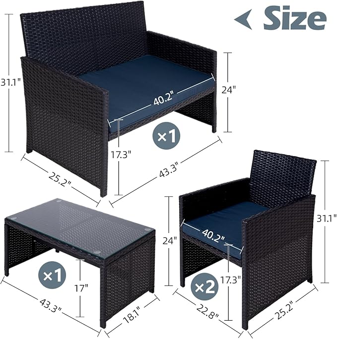 4 Pieces Patio Furniture Set,Porch Conversation Set for Garden, Outdoor PE Rattan Wicker Chairs with Cushion,Sectional Loveseat for Poolside or Backyard (Black-DarkBlue)