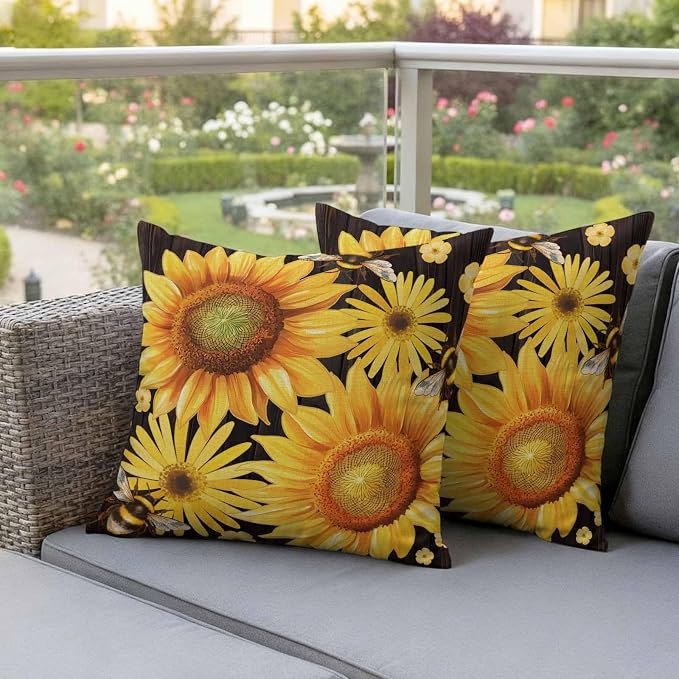 Outdoor Throw Pillow Covers,Yellow Sunflower Daisy Flower Waterproof Decorative Pillowcases Cushion Cover Spring Rustic Floral Bee Black Pillow Cases for Patio Couch Sofa Bed,18x18in Set of 2