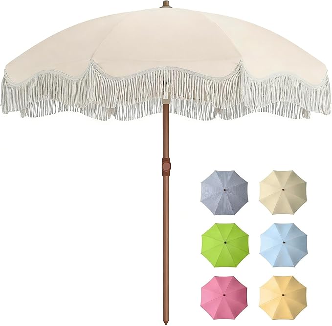 7FT Patio Umbrella with Fringe, Outdoor Tassel Umbrella with Fiberglass Ribs, Boho Beach Umbrella, Push Button Tilt and Carrying Bag, UPF50+