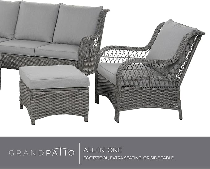 Grand patio Outdoor Furniture Set, 5-Piece High Back Open Weave Wicker Olefin Cushion Patio Seating Set, Patio Conversation Sets with 1 Three-Seat Sofa, 2 Chairs, 2 Ottomans, Forsythe Gray