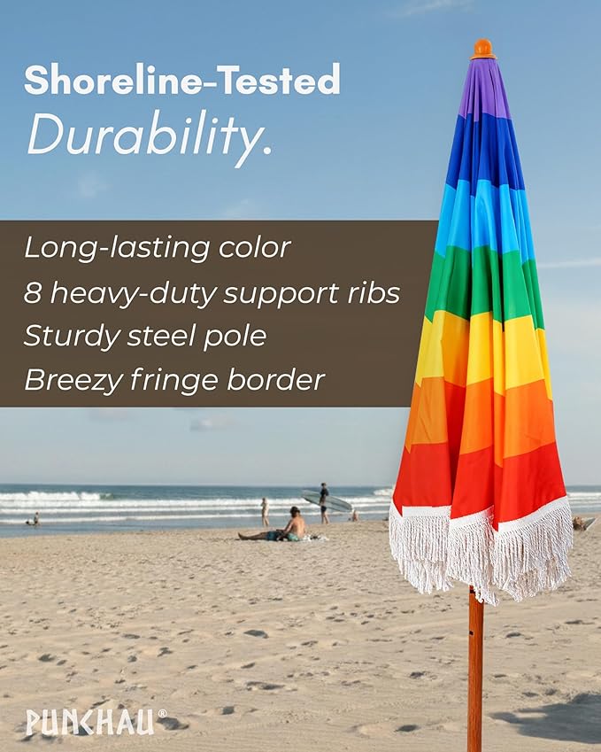 6 Ft Fringe Patio Umbrella - Outdoor Umbrella for Patio, Pool, Table, Garden, Deck, Beach, and Outdoors - Fashionable Boho Vintage Tassels & Wood Print - Push Button Tilt Pole