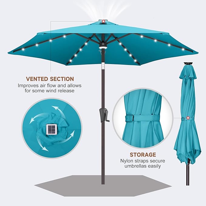 Jarka&Co 7.5ft Solar Patio Umbrella - Lighted Solar Outdoor Umbrella with 24 LED Lights Waterprool UV Protection, Market Table Umbrella with Tilt for Backyard, Garden, Pool, Porch (Aqua Blue)