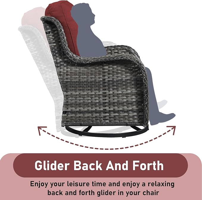 Outdoor Swivel Rocker Patio Chairs-Wicker Patio Swivel Chairs Set of 2 PE Rattan Patio Furniture for Porch Deck Balcony Garden-Grey/Red