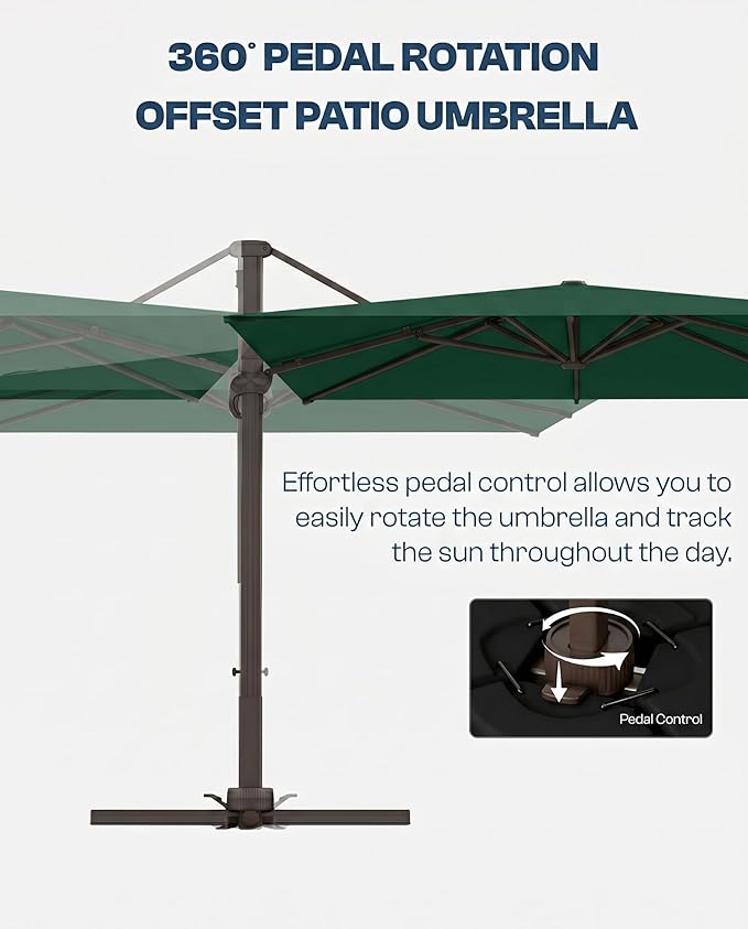 8x8 FT Square Cantilever Umbrella,Easy Tilt, Fade Resistant & 360° Rotation, Offset for Pool Deck Backyard Patiodark green (Base not Included)