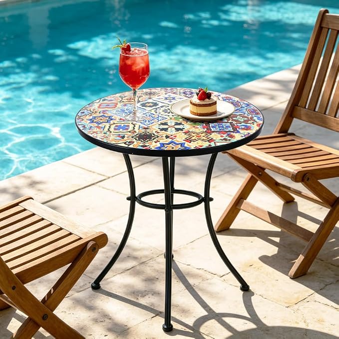 24 Inch Mosaic Patio Round Side Table with Ring Curved Legs Indoor and Outdoor Accent End Table for Yard, Garden, Living Room, Bistro, A - Multicolor Talavera