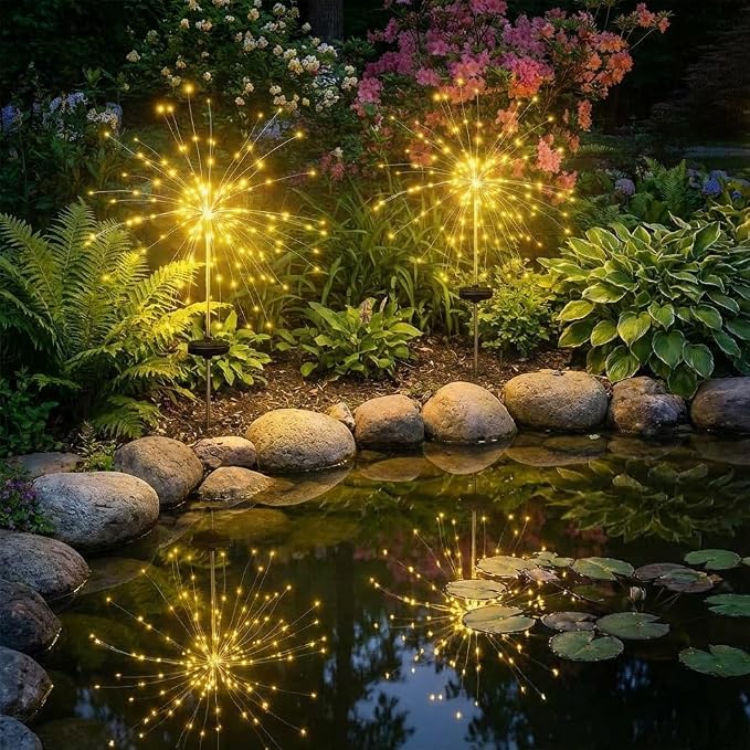 Solar Firework Lights Outdoor, Adjustable 32" to 51" Extra Tall, 200 LED Stainless Steel 3-Section Pole, 8 Modes Waterproof Starburst Garden Lights for Yard Pathway Walkway Decor(Warm White 4 Pack)