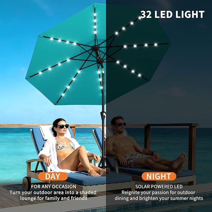 Garvee 9FT Solar Patio Umbrella with 32 LED Lights - Outdoor Table Umbrella with Crank Lift, Push Button Tilt and 8 Sturdy Ribs - Market Umbrella UV Protection for Pool, Deck, Yard, Garden -Sky Blue