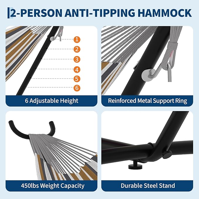 Double Hammocks with Stand for Outside, Portable Space Saving Heavy-Duty Steel Stand for Indoor Outdoor Patio with Carrying Bag, 450 lbs Capacity