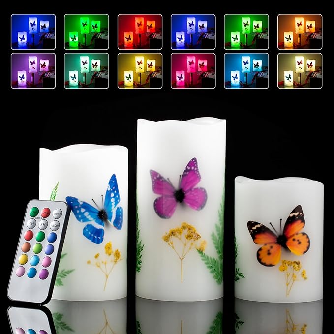 Candles Set of 3 Flameless 4" 5" 6" Unscented Tealight Butterfly Flower Plants Decor Real Wax Pillar Candle LED Lights 12 Color Changing 4H 8H Timer Remote Control AAA Batteries Operated
