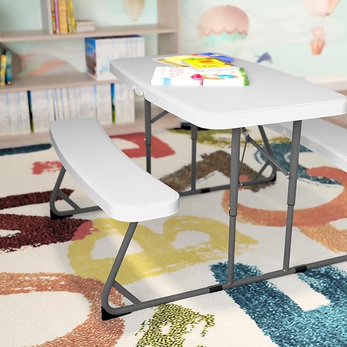 Flash Furniture Paige Easy-Fold Kids Outdoor Picnic Table and Benches - Commercial Grade Folding Plastic Play Table - Recommended for up to Age 5 - White